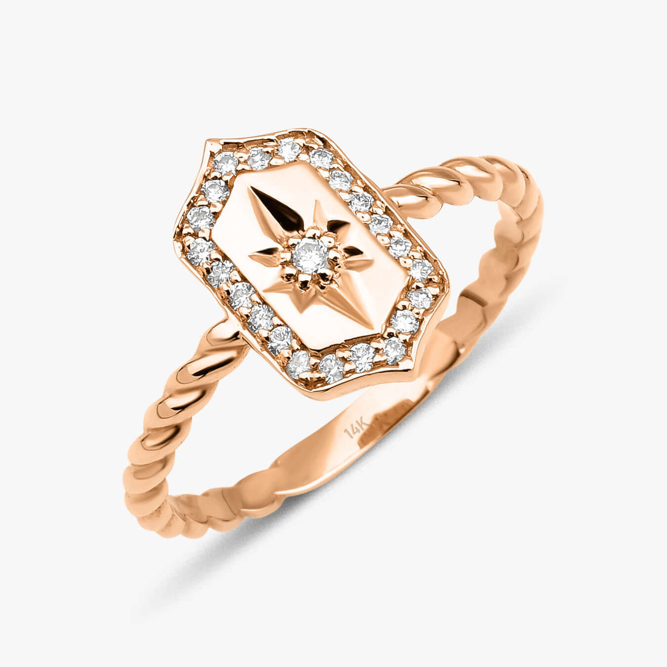 14 ayar rose altın pırlanta kuzey yıldızı kalkan yüzük gri arka fonlu ürün resmi