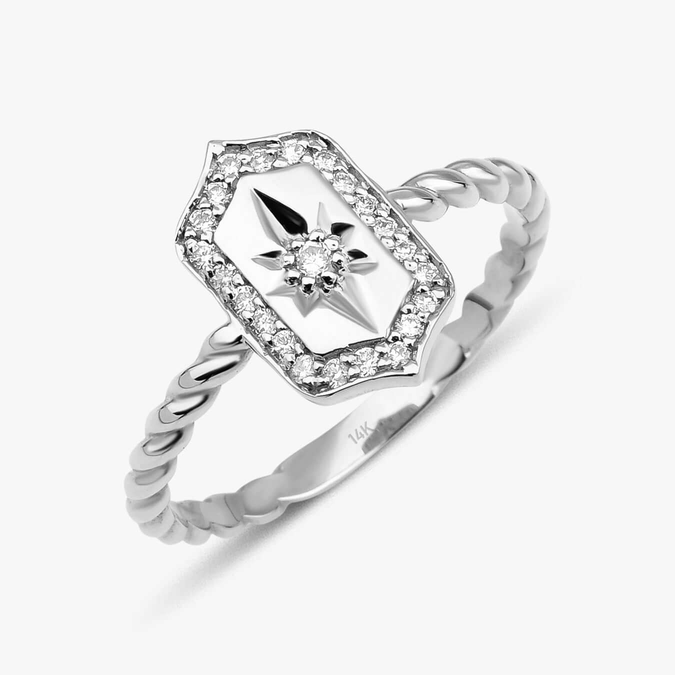 14 ayar beyaz altın pırlanta kuzey yıldızı kalkan yüzük gri arka fonlu ürün resmi