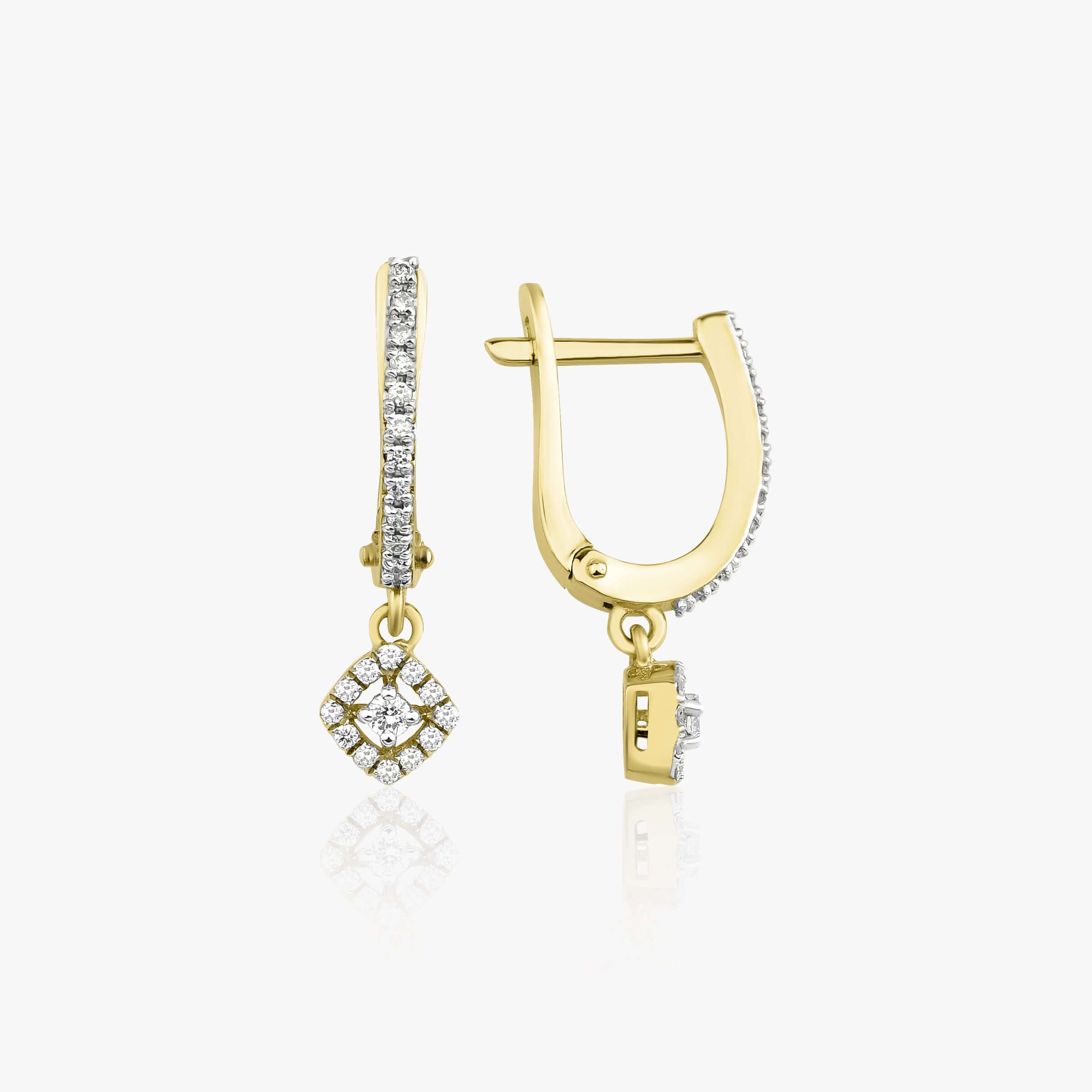 14 ayar sarı altın pırlanta sallantılı halka küpenin gri arka fonlu ürün resmi