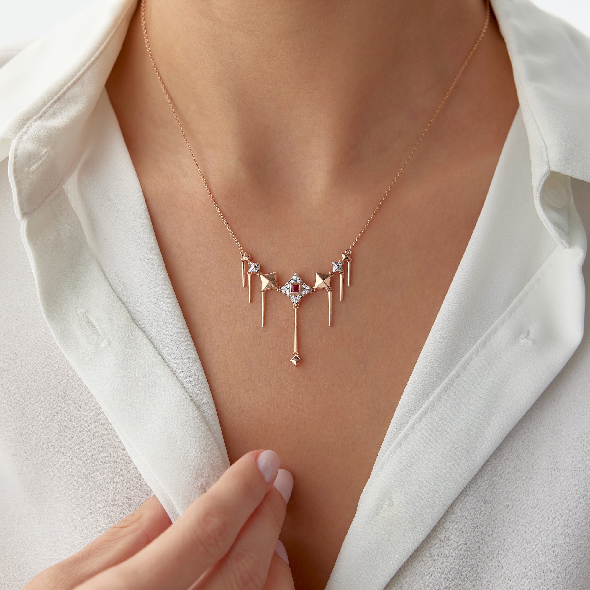 Sallantılı Yakut ve Pırlanta Kolye / Vintage Princess Cut Ruby and Diamond Necklace