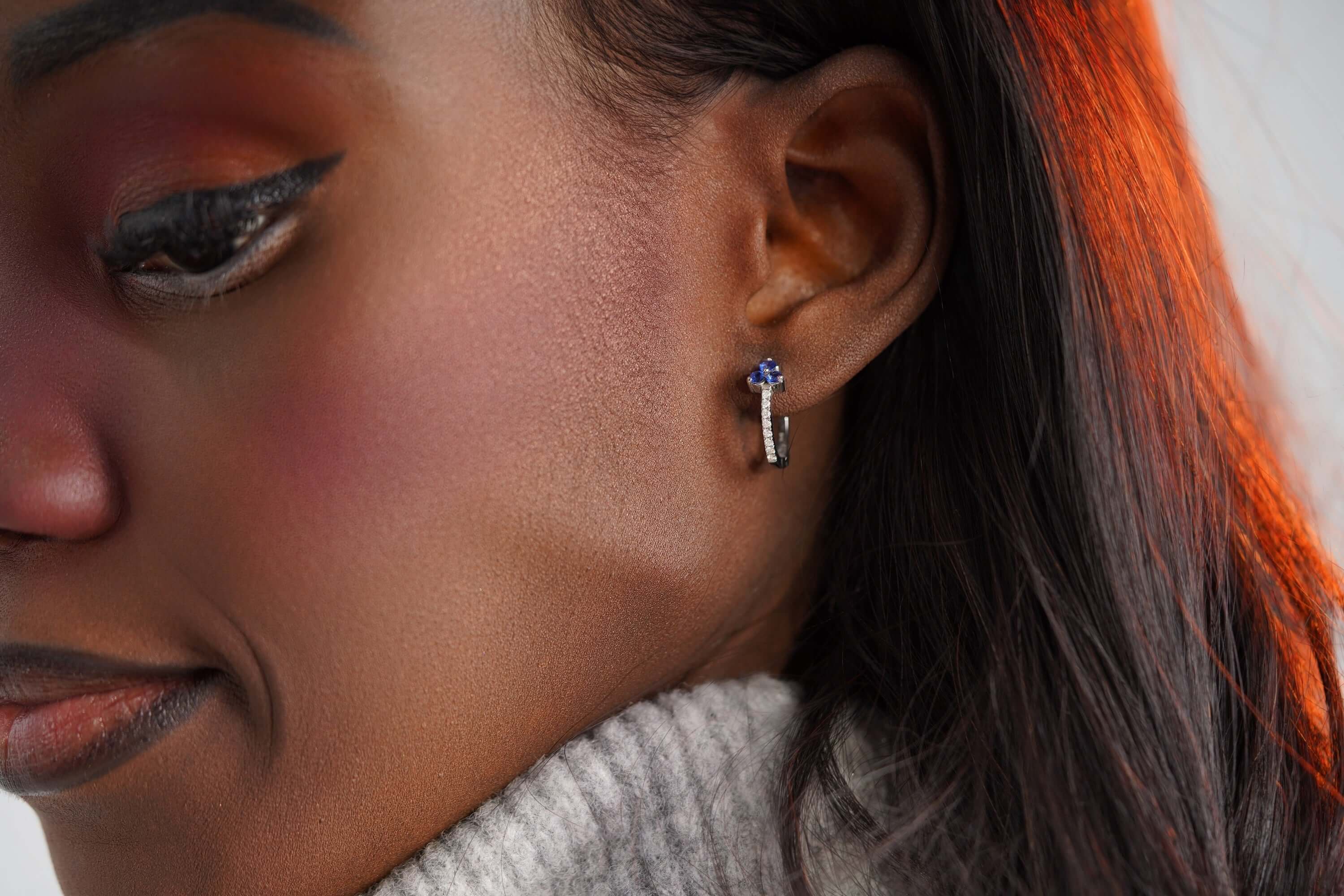 Safir ve Pırlanta Trio Halka Küpe / Blue Trio Pair