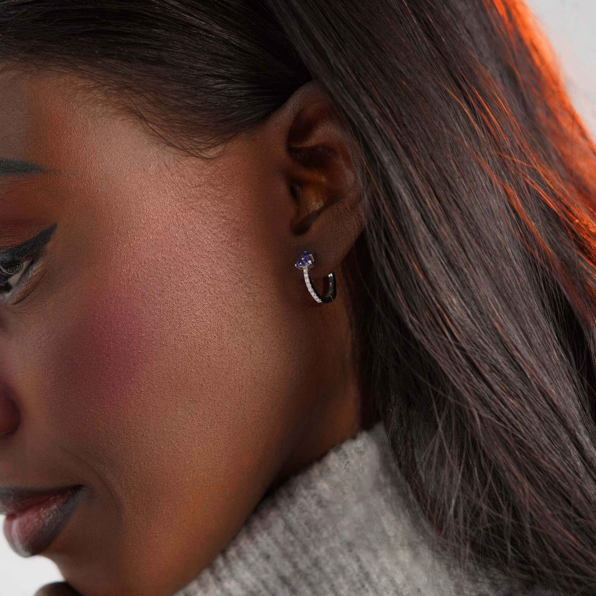 Safir ve Pırlanta Trio Halka Küpe / Blue Trio Pair