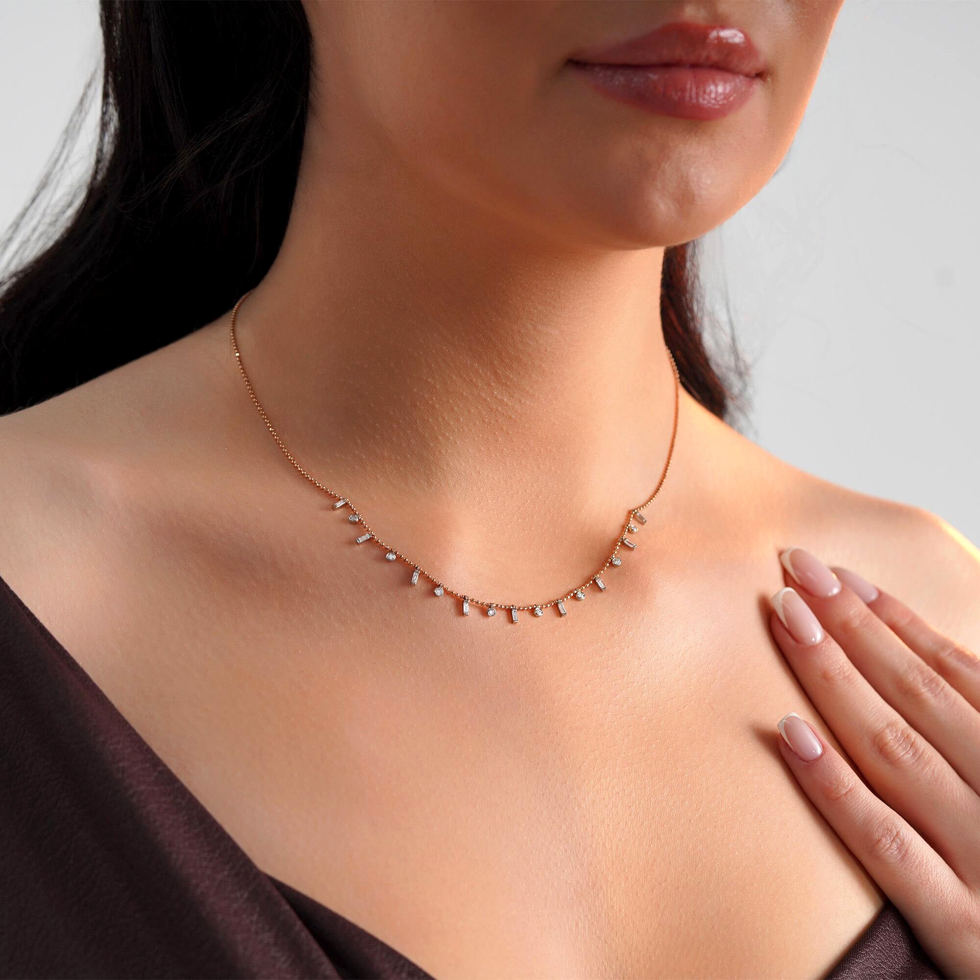 Top Zincirli Baget ve Yuvarlak Pırlanta Kolye / Elongated Station Necklace