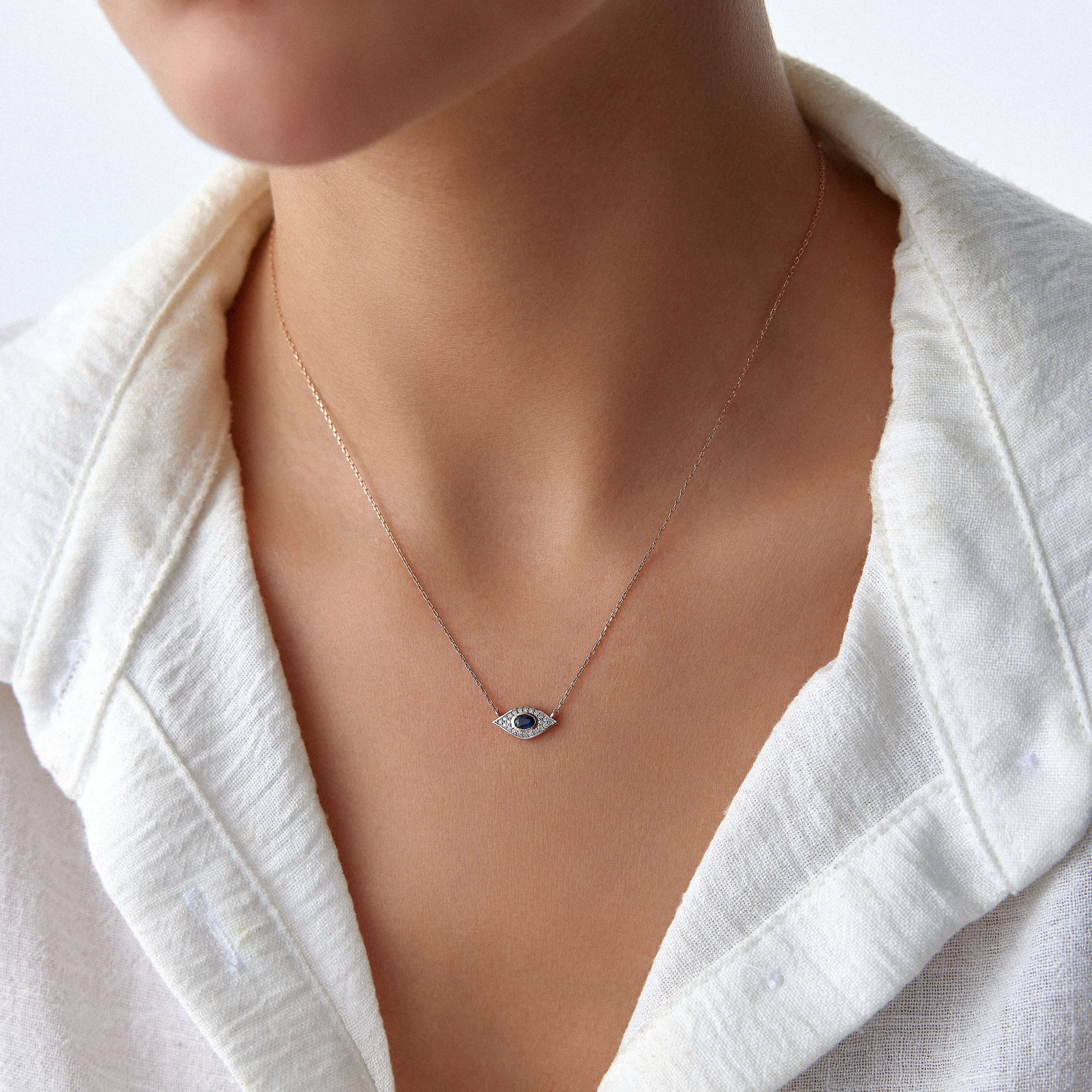 Mavi Safir ve Pırlanta Minik Göz Kolye