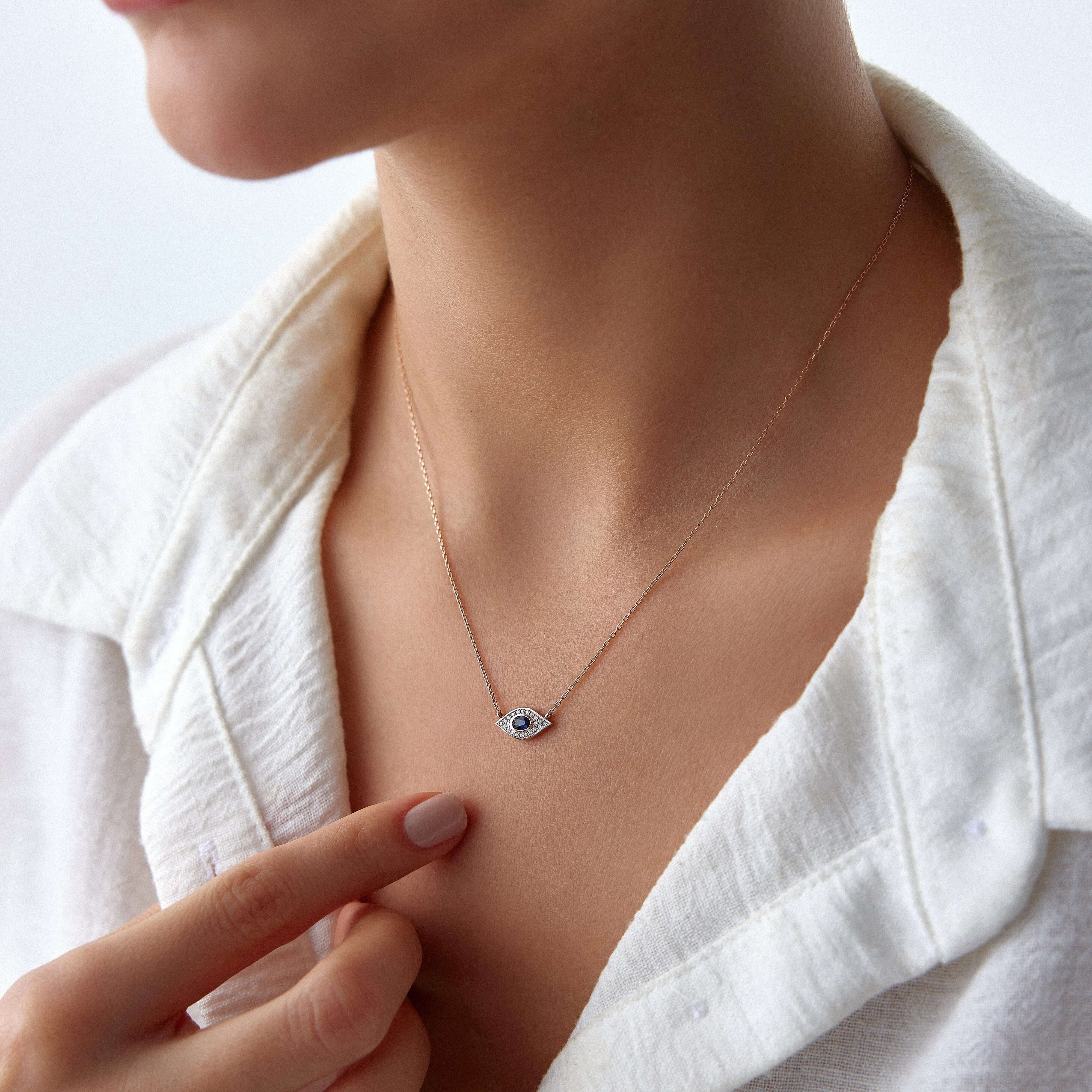 Mavi Safir ve Pırlanta Minik Göz Kolye