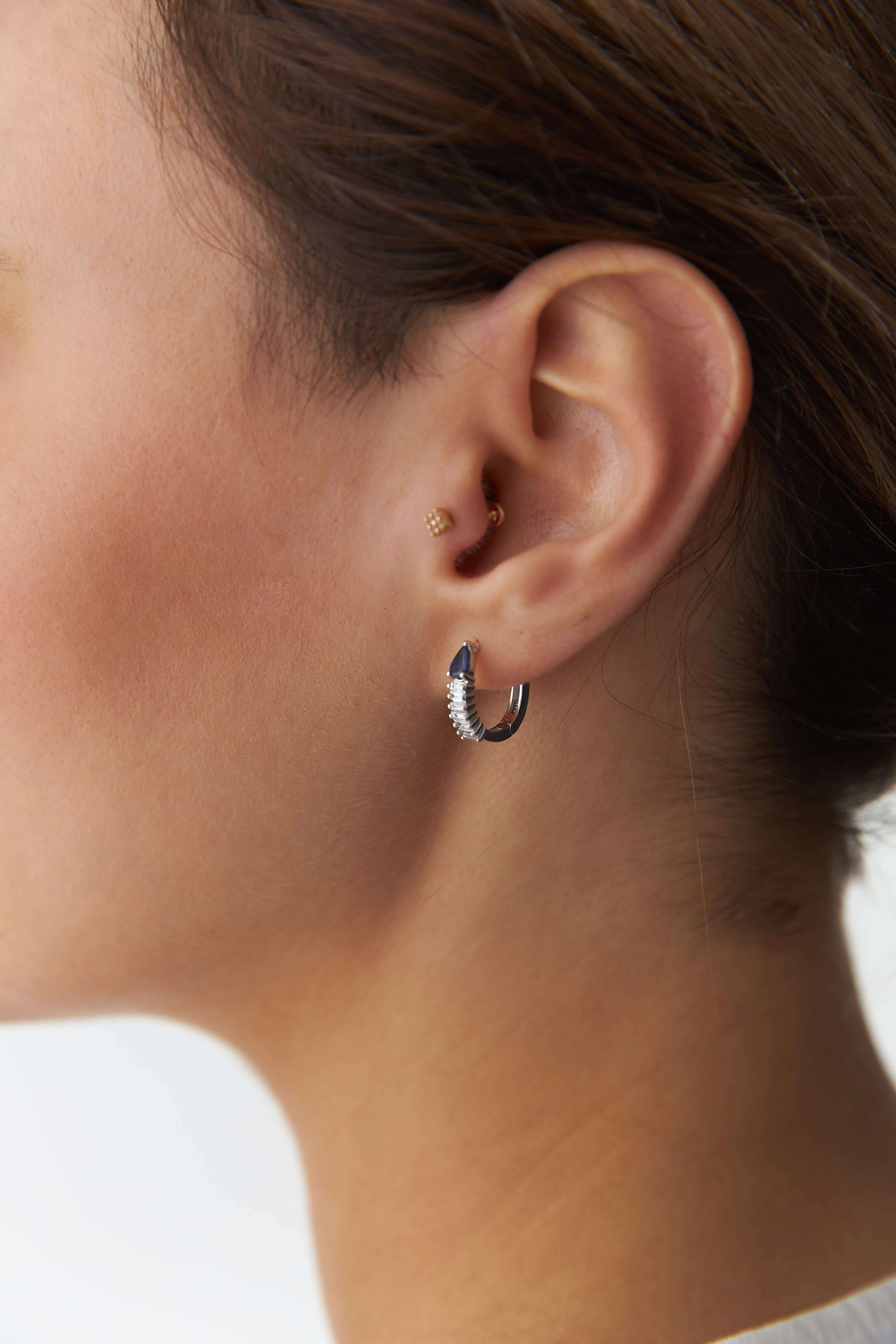 Baget Kesim Pırlantalı Damla Safir Halka Küpe / The Blue Drop