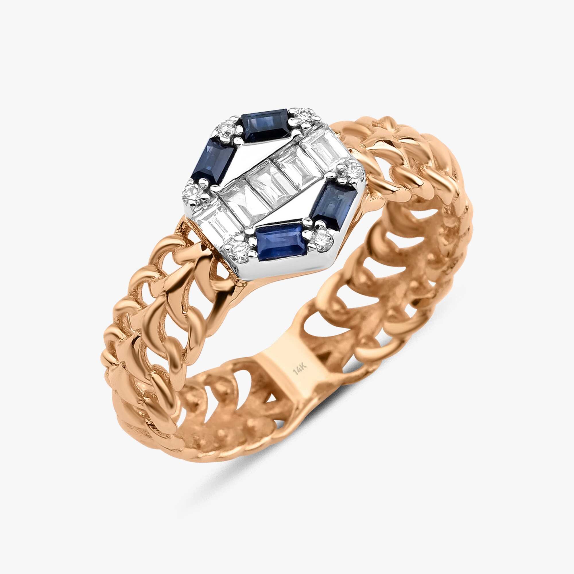 Mavi Safir ve Pırlanta Zincir Yüzük / The Baguette Hexagon