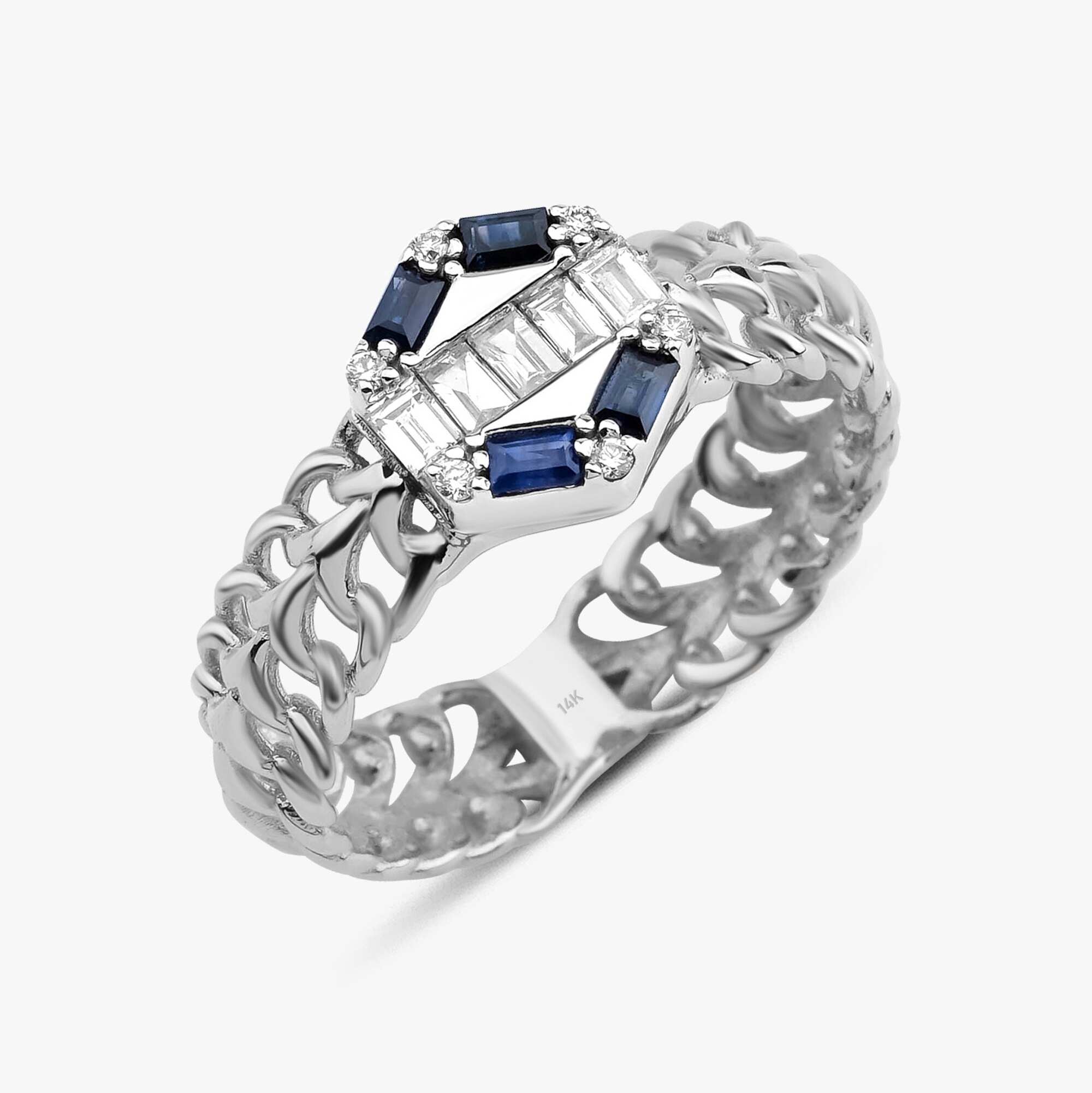 Mavi Safir ve Pırlanta Zincir Yüzük / The Baguette Hexagon