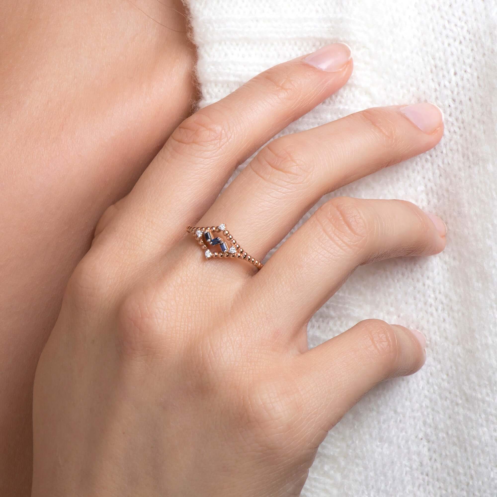 Minimal Safir ve Pırlanta Yüzük / Beaded Flow