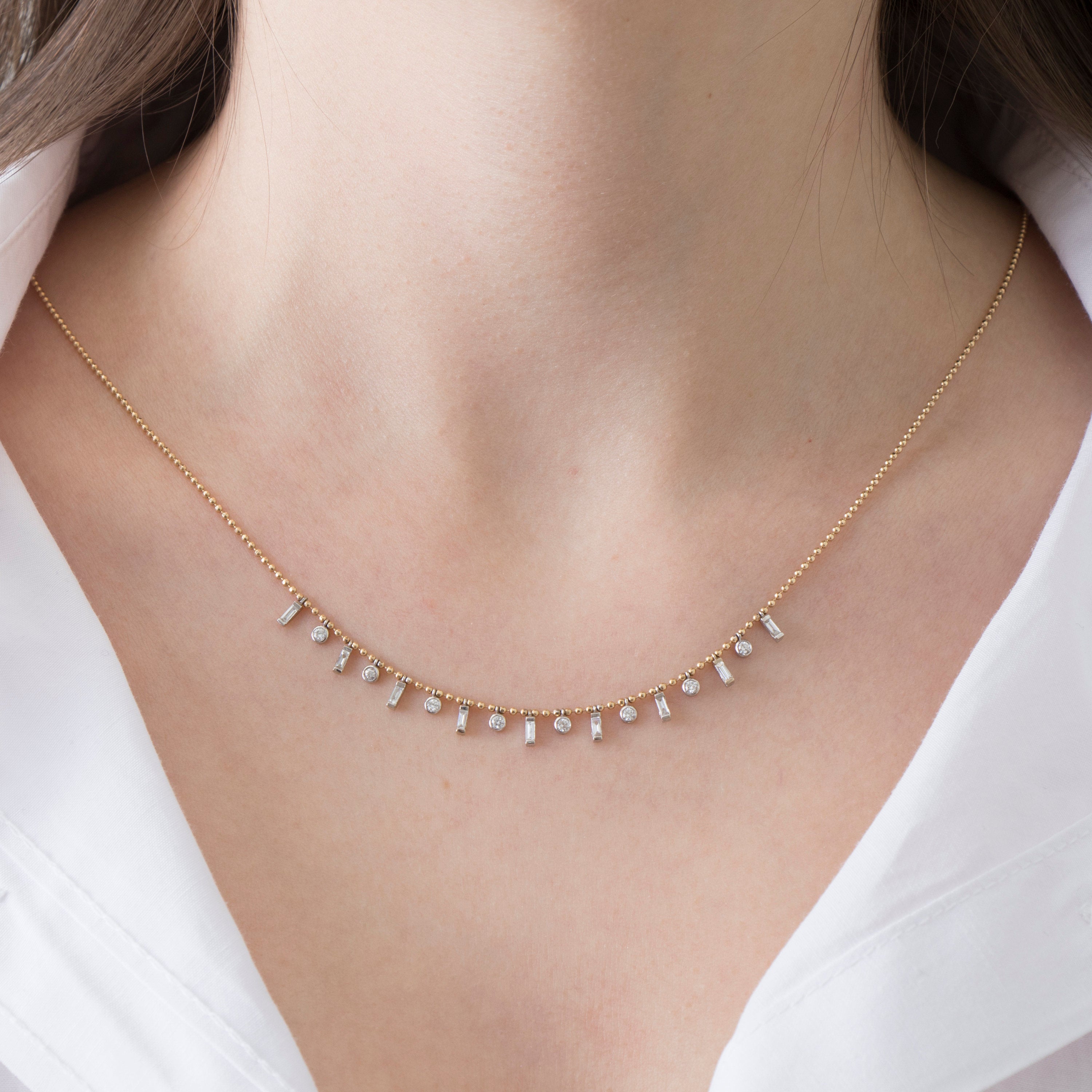 Top Zincirli Baget ve Yuvarlak Pırlanta Kolye / Elongated Station Necklace