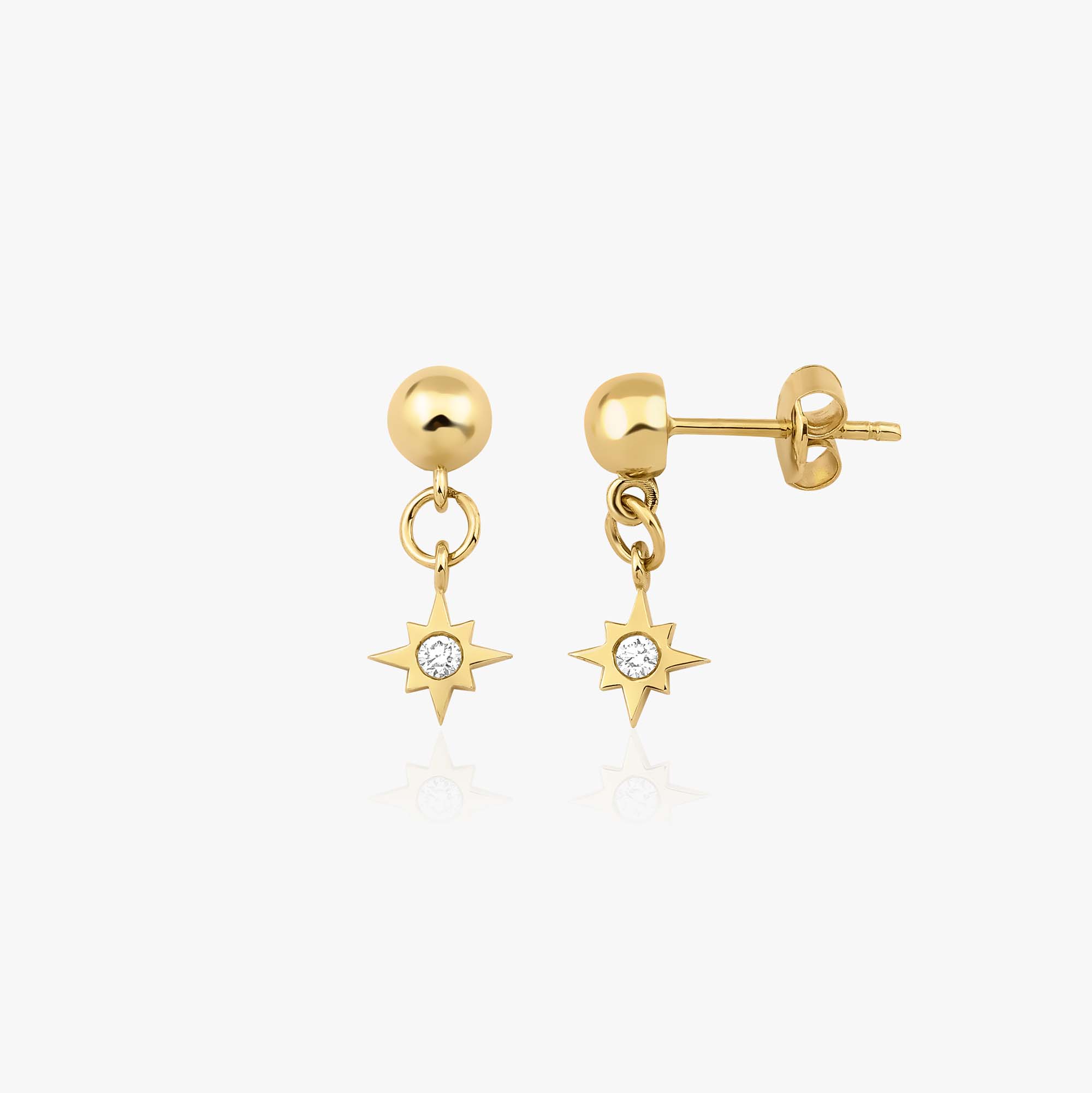 Minimal Pırlanta Kuzey Yıldızı Sallantılı Stud Küpe / Mini North Star Dangle Studs
